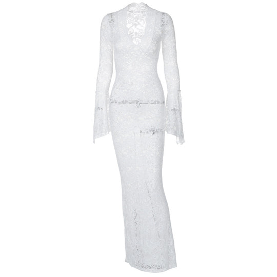 Damen Figurbetontes Spitzenkleid mit tiefem V-Ausschnitt und nostalgischen Puffärmeln EB