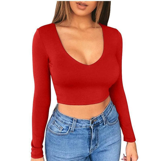 Damen modisches Crop-Top mit tiefem V-Ausschnitt und langen Ärmeln EB