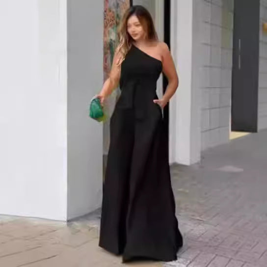 Damen Eleganter Ein-Schulter Jumpsuit mit Gürtel und weitem Bein EB