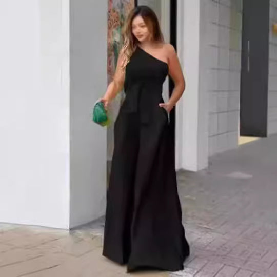 Damen Eleganter Ein-Schulter Jumpsuit mit Gürtel und weitem Bein EB