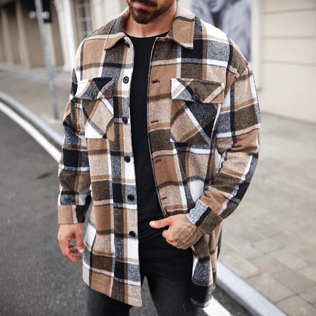 Herren karierte Flanelljacke mit knöpfbaren Taschen und modernem Schnitt EB