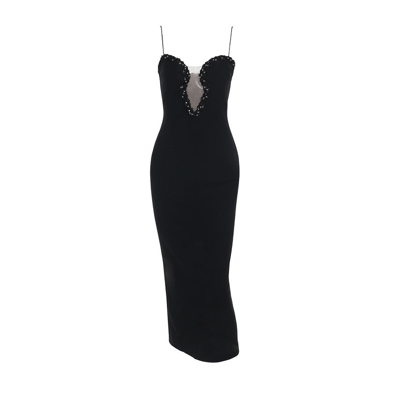 Damen elegantes Abendkleid mit tiefem V-Ausschnitt und funkelnden Strassdetails EB