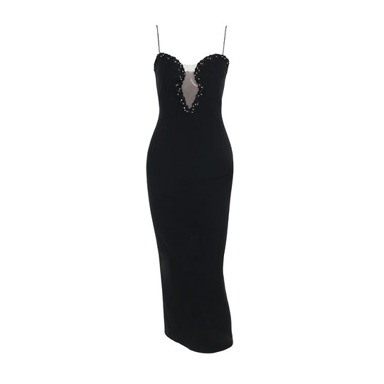 Damen elegantes Abendkleid mit tiefem V-Ausschnitt und funkelnden Strassdetails EB