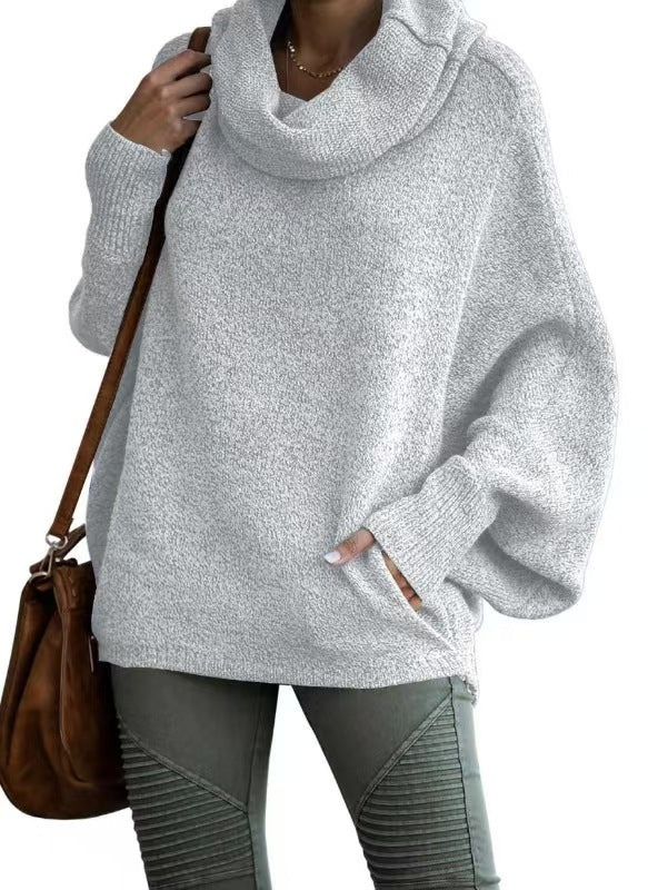Damen lässiger Strickpullover mit weichem Stehkragen und weit geschnittenen Ärmeln EB