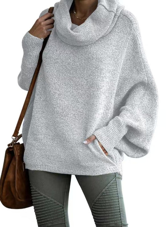 Damen lässiger Strickpullover mit weichem Stehkragen und weit geschnittenen Ärmeln EB