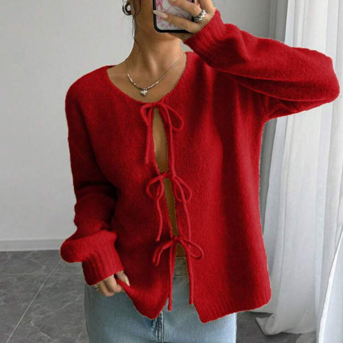 Damen Oversized Strickpullover mit dekorativem Schnürdetail EB