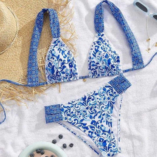 Damen Bikini mit dekorativen Rüschen und elegantem Muster EB
