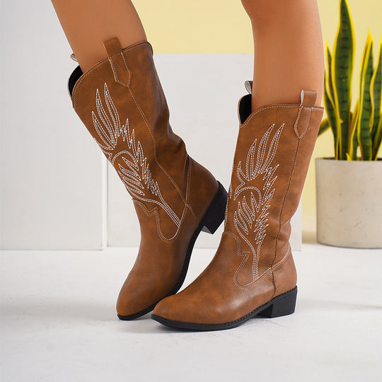 Damen Cowgirl-Kniehoher Stiefel mit dekorativer Stickerei, Pull‑Tabs und komfortablem Blockabsatz EB