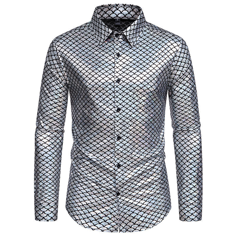 Herren schimmerndes Langarmhemd mit Fischschuppen-Design EB