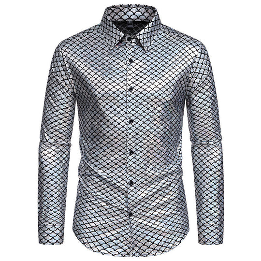 Herren schimmerndes Langarmhemd mit Fischschuppen-Design EB