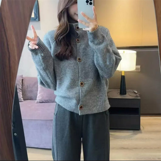 Damen kuscheliger Hochkragen-Cardigan mit Knopfdetails EB