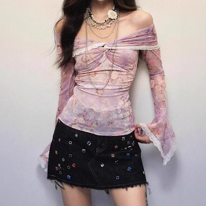 Damen Bluse mit off-shoulder Design und floralen Mustern EB