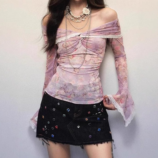 Damen Bluse mit off-shoulder Design und floralen Mustern EB