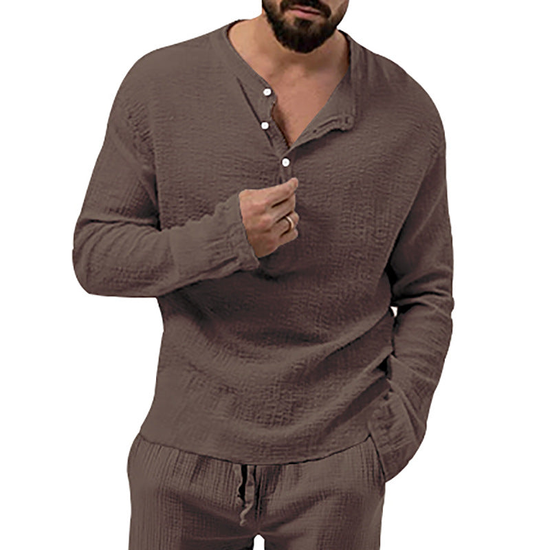 Herren nan entspanntes Henley-Set aus leichter Baumwoll-Gauze mit Kordelbundhose EB