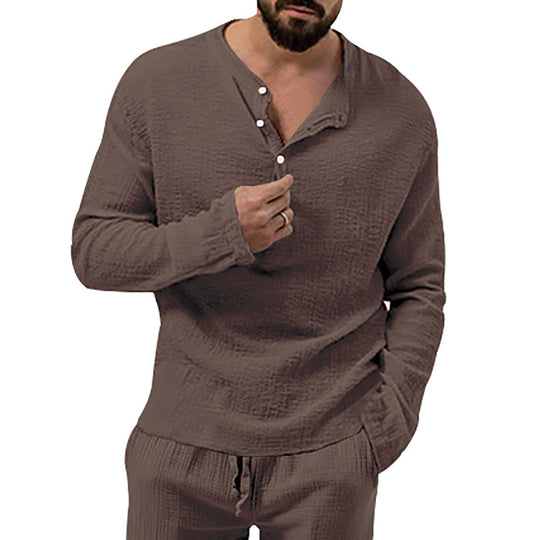 Herren nan entspanntes Henley-Set aus leichter Baumwoll-Gauze mit Kordelbundhose EB