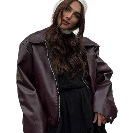 Damen Lässige Kunstlederjacke mit oversized Schnitt und praktischen Taschen EB