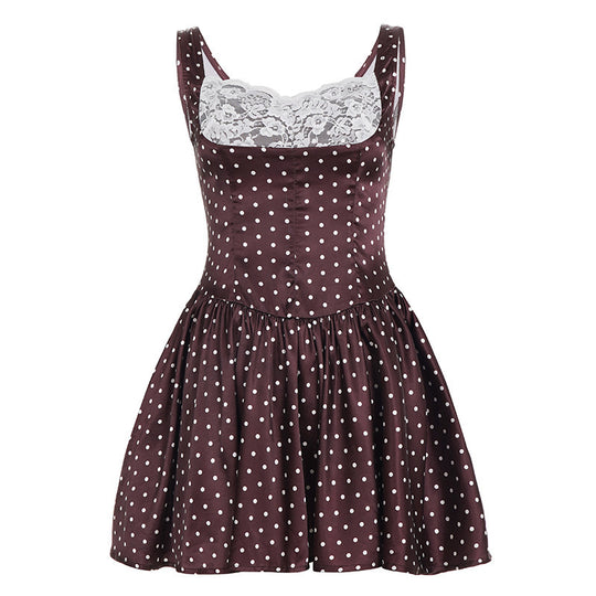 Damen Retro Polka-Dot Kleid mit Spitzen-Overlay EB