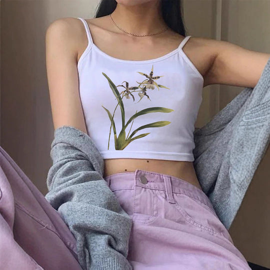 Damen Crop-Top mit floralem Design und schmalen Trägern EB
