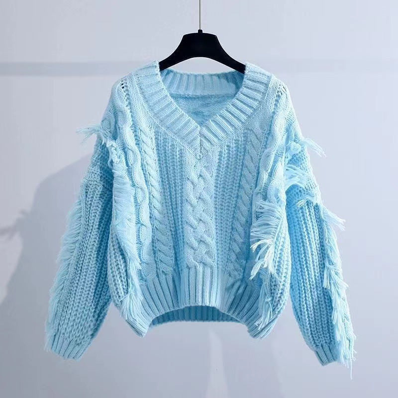 Damen Stylischer Strickpullover mit Fransen und Zopfmuster EB