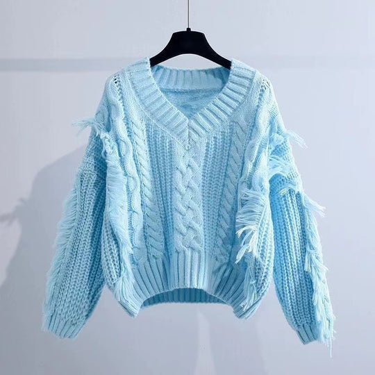 Damen Stylischer Strickpullover mit Fransen und Zopfmuster EB
