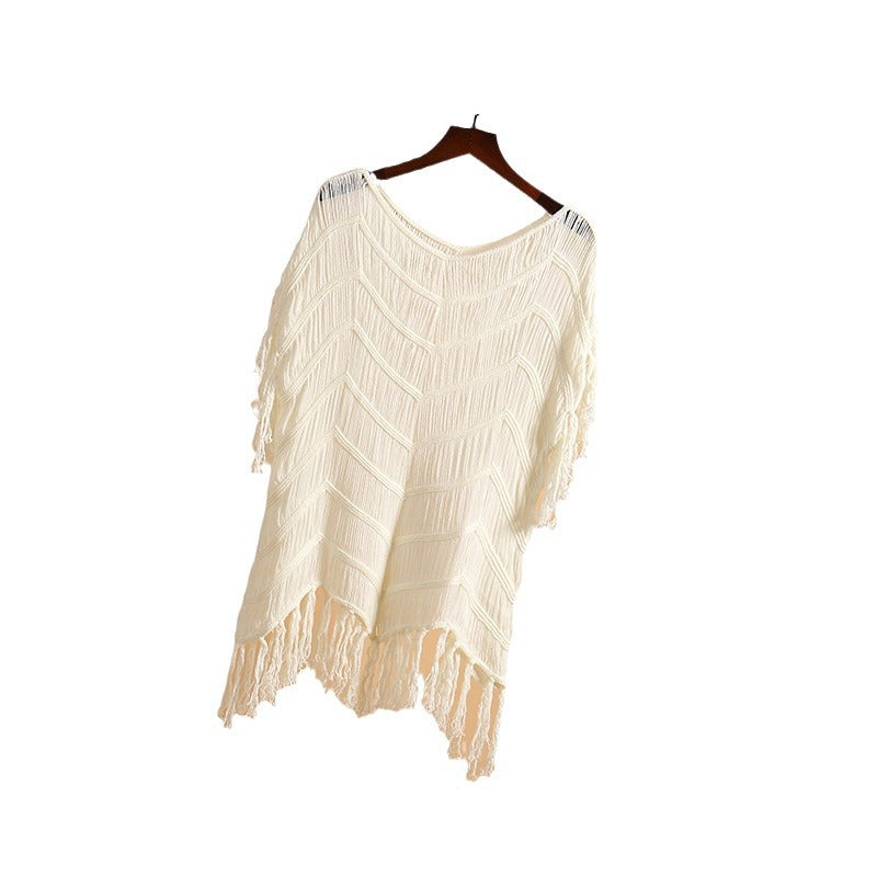 Damen Häkel-Strandkleid mit Fransen und zarten Wellenmustern EB