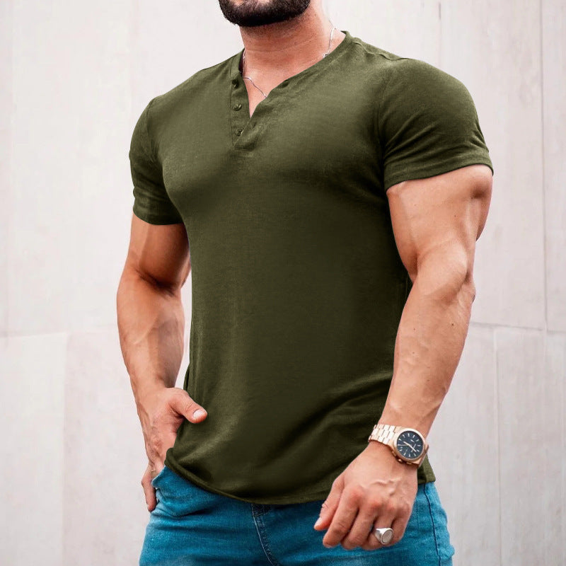 Herren nan muskelbetontes Kurzarmshirt mit Knopfleiste und V-Ausschnitt aus Baumwollstretch EB