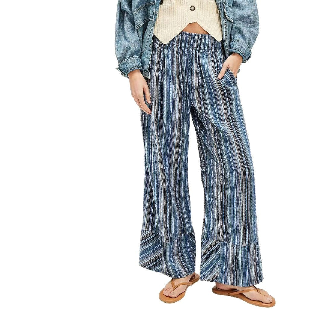 Damen weite gestreifte Sommerhose mit elastischem Bund und Taschen EB