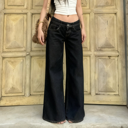 Damen nan weite Highwaist-Jeans mit weitem Bein, hohem Bund und Kontraststeppung EB