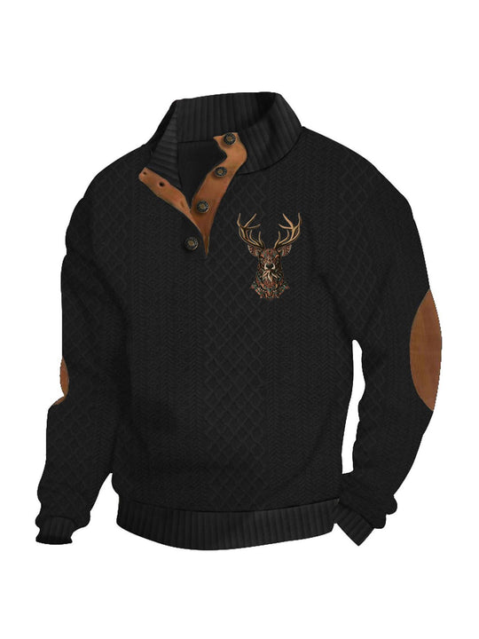 Herren nan Heritage-Strukturpullover mit Stehkragen Lederimitat-Besatz Ellenbogen-Patches und Halbknopfleiste EB