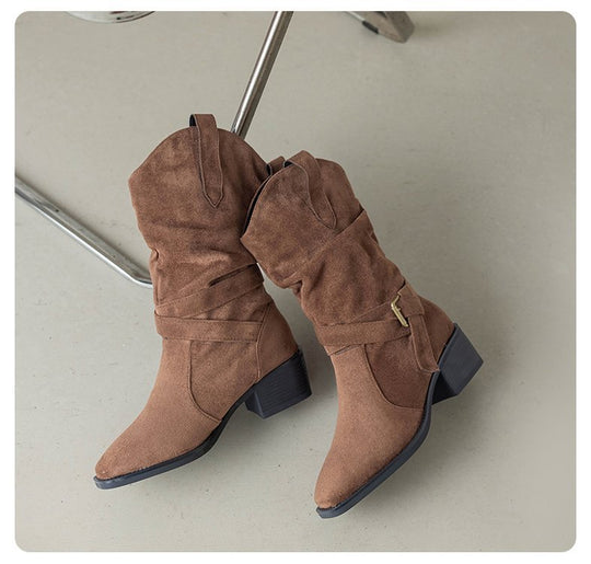 Damen Stiefeletten im Western-Stil mit modischem Riemen und Blockabsatz EB