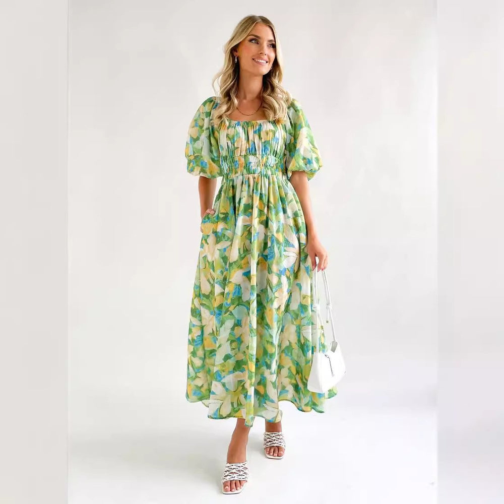 Damen Maxikleid mit luftigen Puffärmeln und floralem Design EB