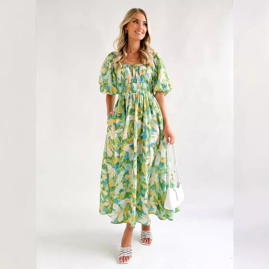 Damen Maxikleid mit luftigen Puffärmeln und floralem Design EB