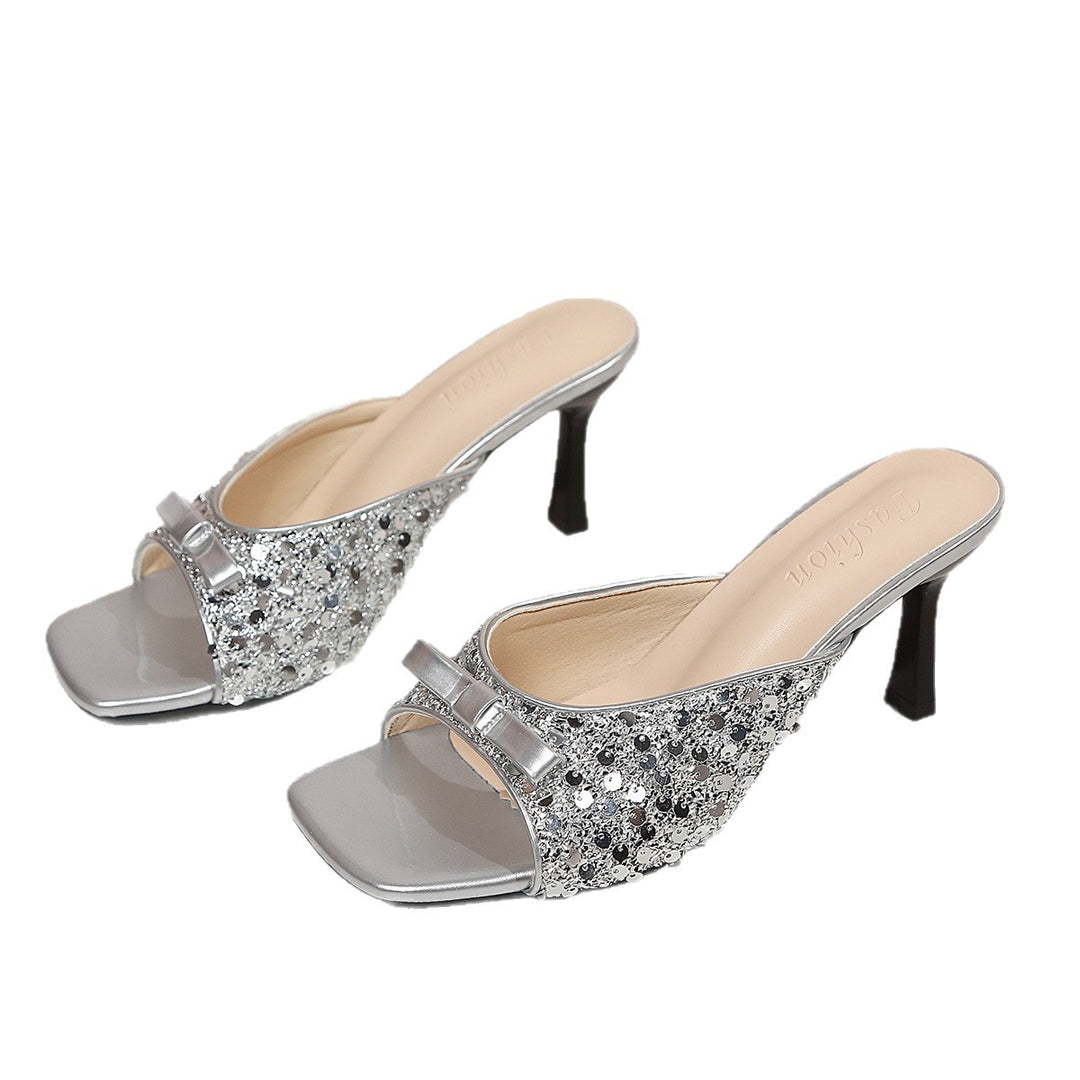 Damen Glamouröse Plateau-Pantoletten mit glitzerndem Obermaterial und dekorativen Details EB