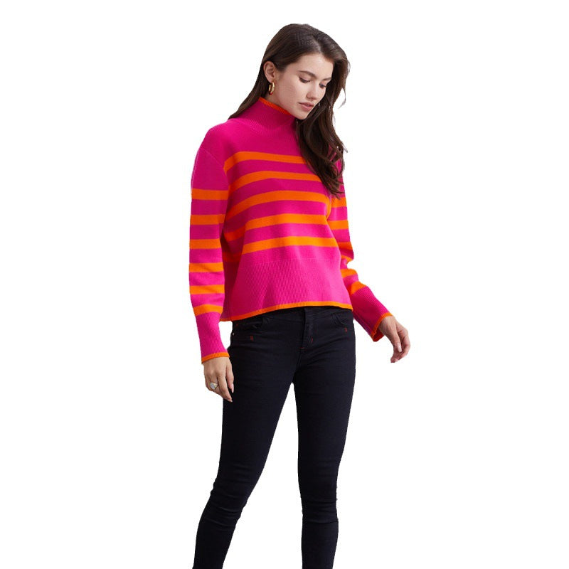 Damen hochwertiger gestreifter Pullover mit Stehkragen EB