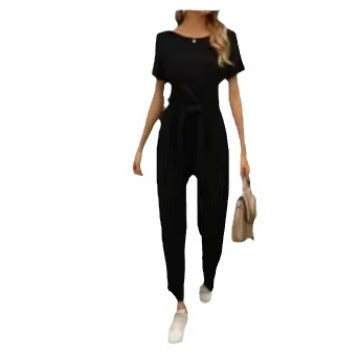 Damen Jumpsuit mit Bindegürtel und weitem Bein EB