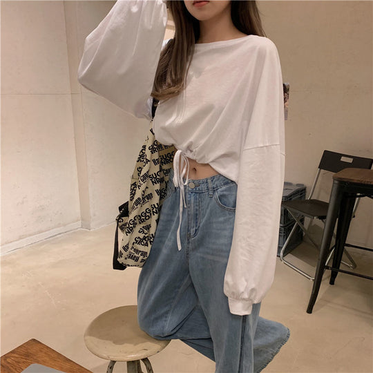 Damen Cropped Sweatshirt mit innovativem Kordelzug und oversized Ärmeln EB