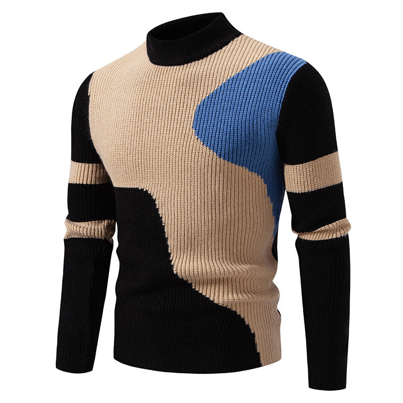 Herren nan gerippter Feinstrickpullover mit Stehkragen und kontrast-Blockdesign EB