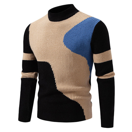 Herren nan gerippter Feinstrickpullover mit Stehkragen und kontrast-Blockdesign EB