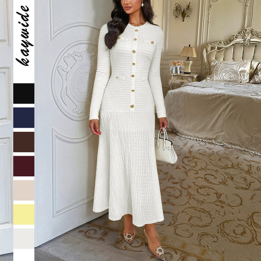 Damen nan tailliertes Maxi-Strickkleid mit durchgehender Knopfleiste und dekorativen Zierknöpfen EB