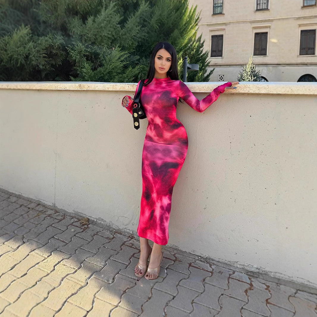 Damen Maxi-Kleid mit langen Ärmeln und modischem Batikmuster EB