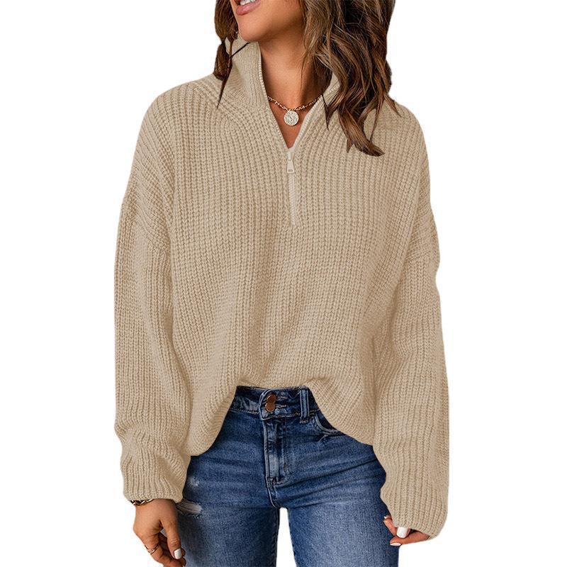 Damen Grobstrickpullover mit Stehkragen und Reißverschluss EB