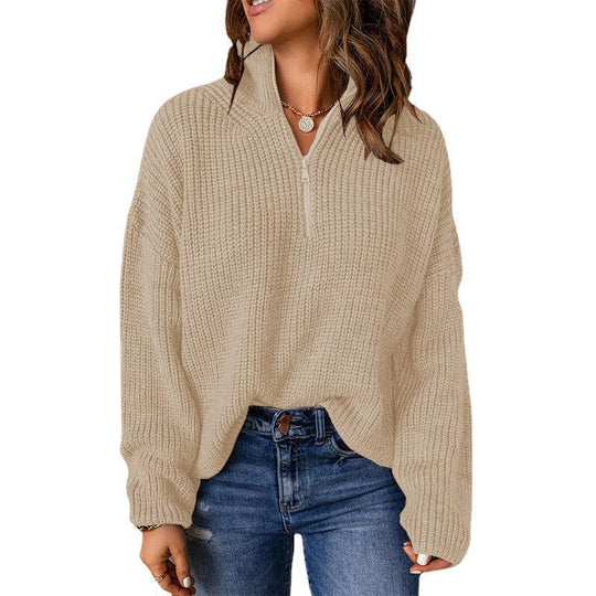 Damen Grobstrickpullover mit Stehkragen und Reißverschluss EB