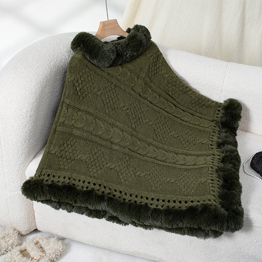 Damen kuscheliger Strickponcho mit samtigem Fellbesatz EB