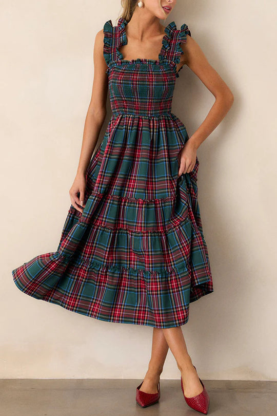 Damen Maxikleid mit voluminösen Rüschendetails und klassischen Karo-Muster EB