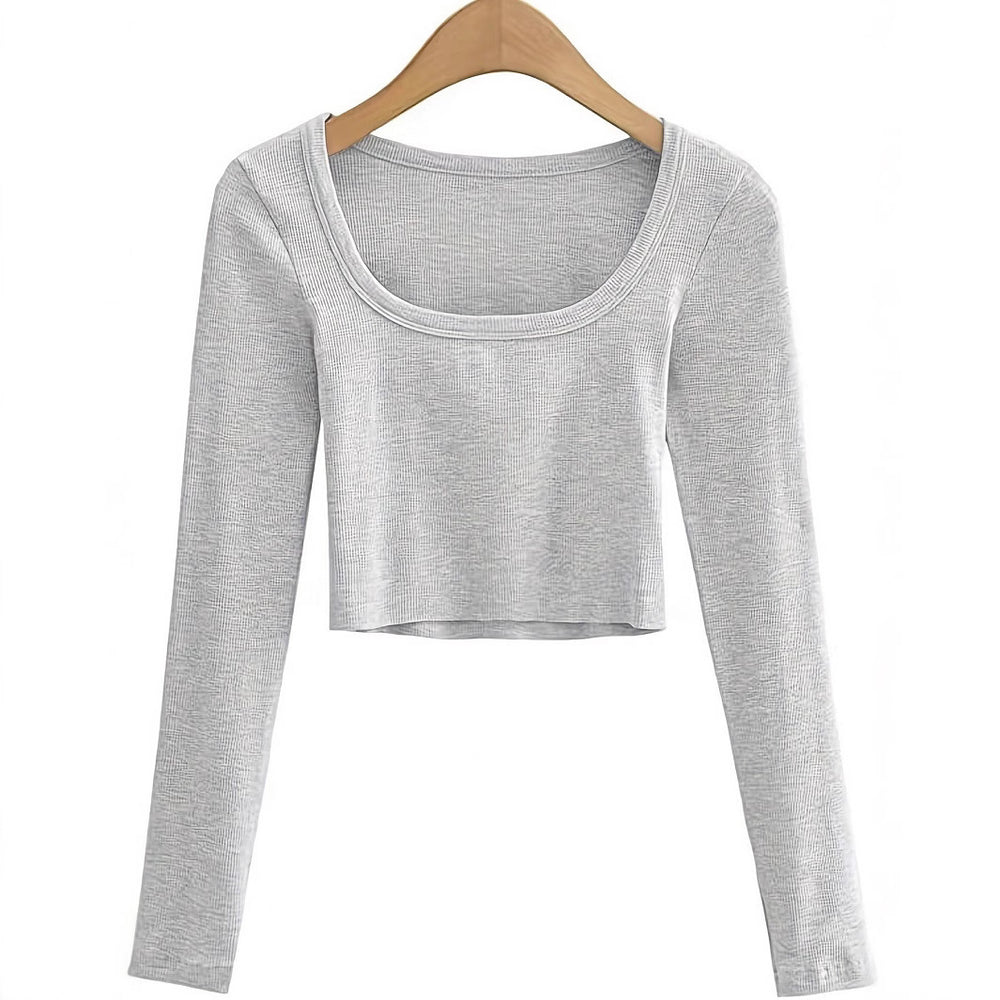 Damen Langarm-Crop-Top mit Rundhalsausschnitt und strukturierter Oberfläche EB