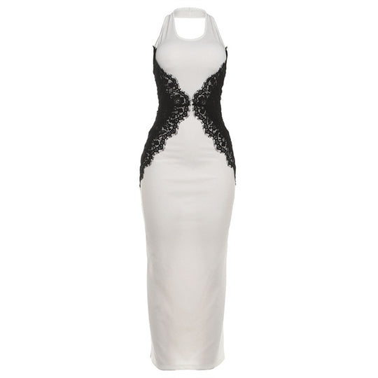 Damen Elegantes Spitzen-Maxikleid mit tiefem Schlüssel-Ausschnitt und figurformendem Design EB