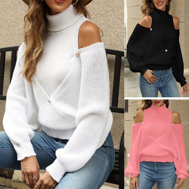 Damen Pullover mit schulterfreien Ärmeln und raffinierter Knopfleiste EB