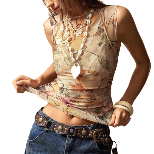 Damen nan figurnahes Mesh-Top mit floralem Aquarellprint, Stehkragen und seitlicher Raffung EB
