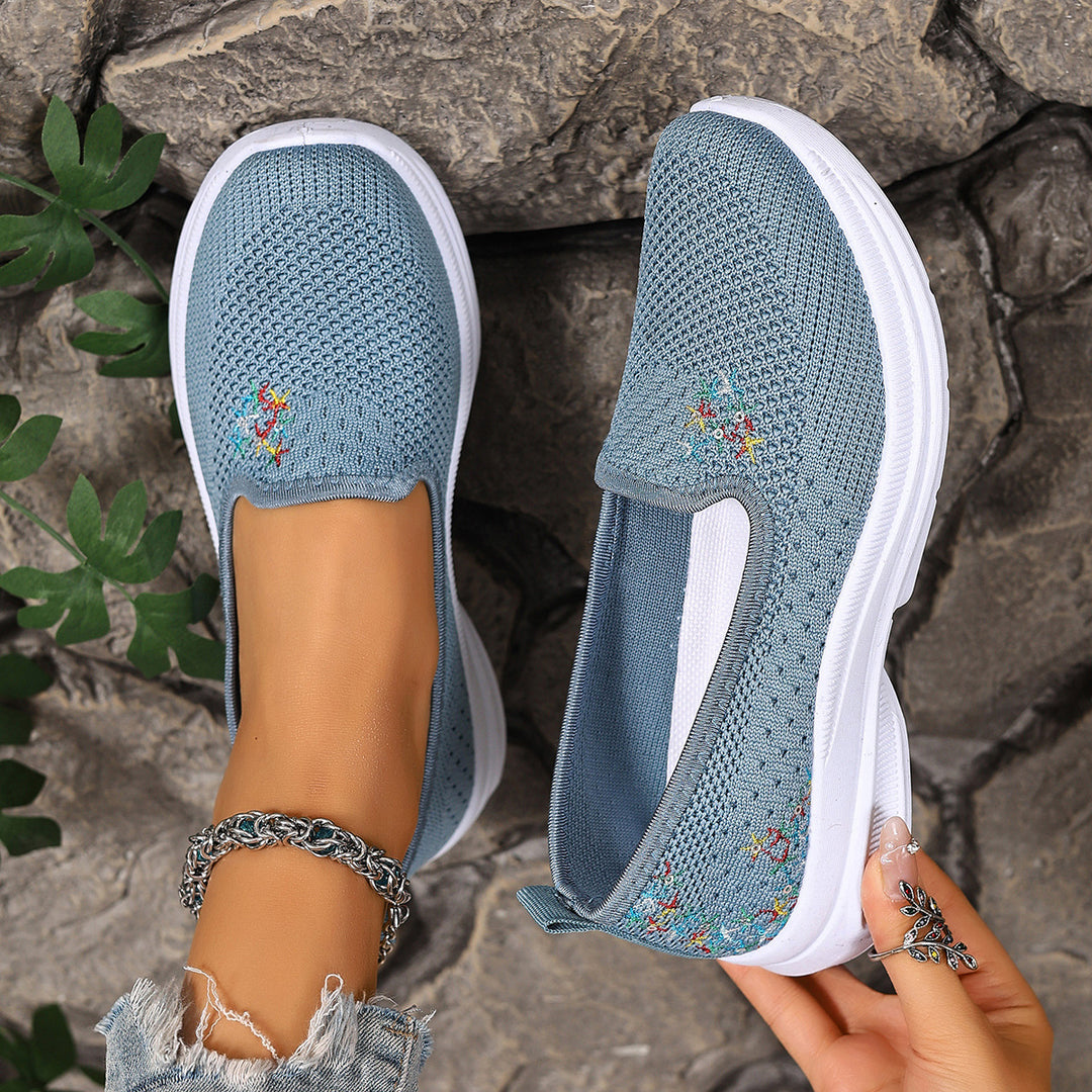 Damen Bequeme Slip-On Schuhe mit atmungsaktiver Strickoberfläche und floralem Muster EB