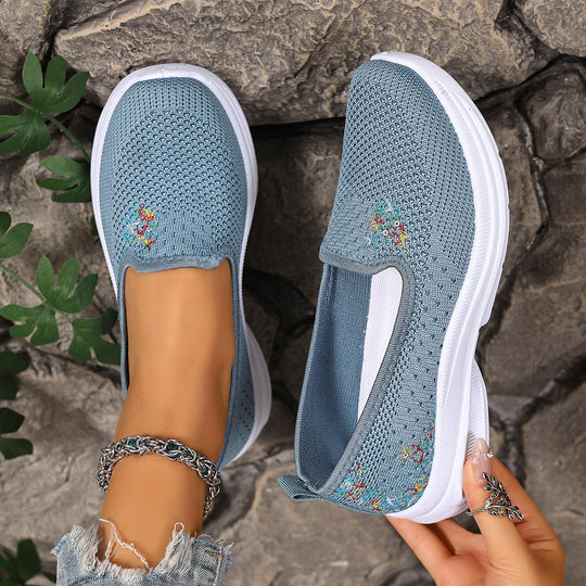 Damen Bequeme Slip-On Schuhe mit atmungsaktiver Strickoberfläche und floralem Muster EB